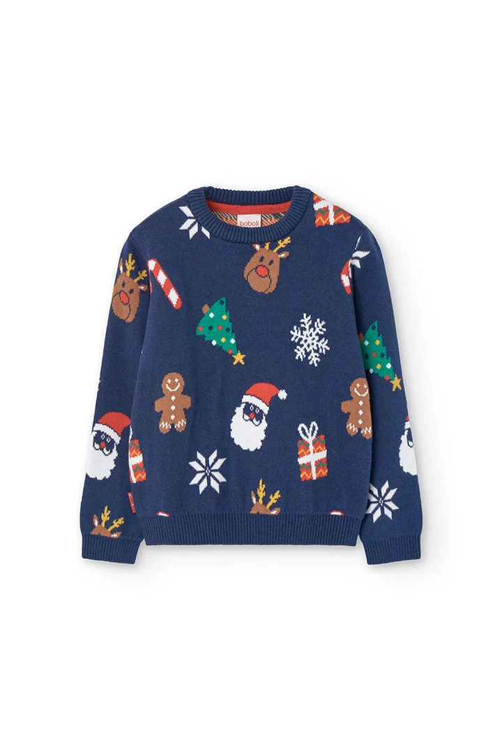 Unisex knitted jumper with Christmas print in navy blue