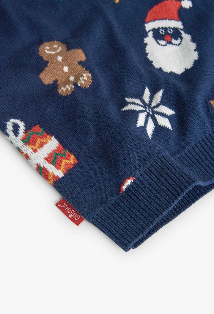 Unisex knitted jumper with Christmas print in navy blue