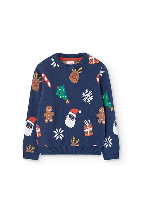 Unisex knitted jumper with Christmas print in navy blue