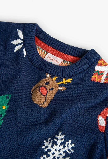 Unisex knitted jumper with Christmas print in navy blue