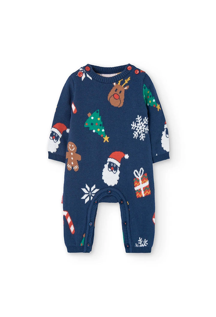 Knitted jumpsuit for baby with Christmas print in navy blue