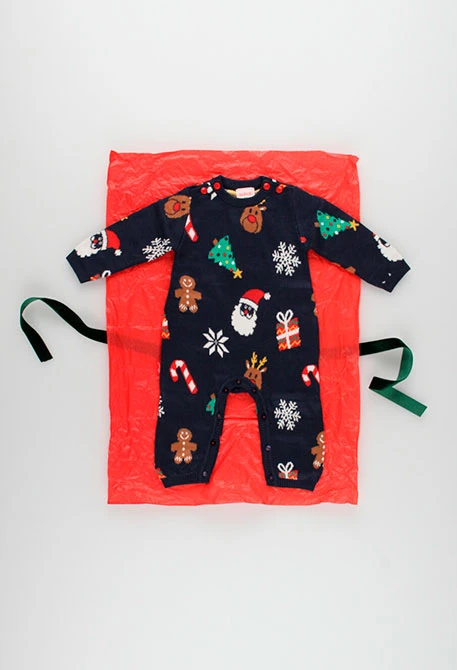 Knitted jumpsuit for baby with Christmas print in navy blue