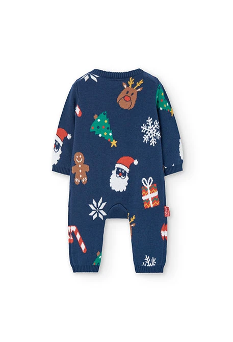 Knitted jumpsuit for baby with Christmas print in navy blue