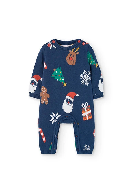 Knitted jumpsuit for baby with Christmas print in navy blue