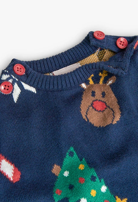 Knitted jumpsuit for baby with Christmas print in navy blue