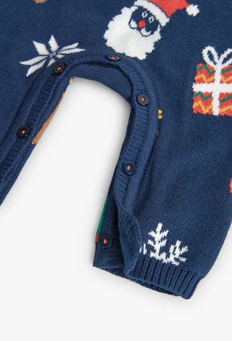 Knitted jumpsuit for baby with Christmas print in navy blue