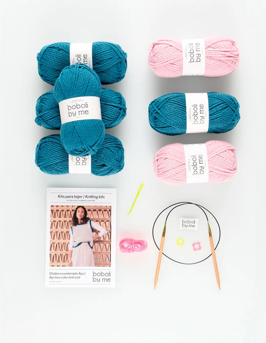 KIT PARA TRICOTAR COLETE BICOLOR AYO AZUL PETRÓLEO E ROSA