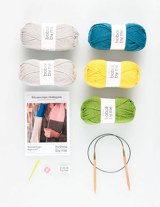 KIT PARA TRICOTAR CACHECOL COLORBLOCK HUGO MIX CINZA ROSA E KLEIN