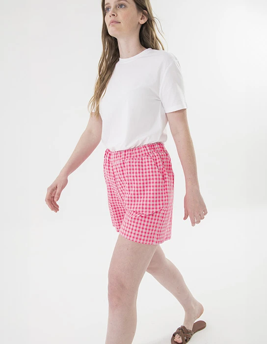 SEWING KIT KHALO BERMUDA SHORTS FLUOR PINK CHECKS