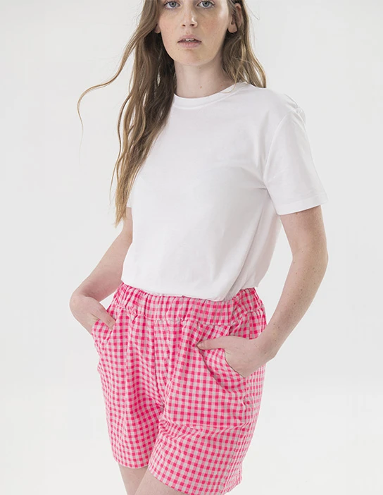 SEWING KIT KHALO BERMUDA SHORTS FLUOR PINK CHECKS